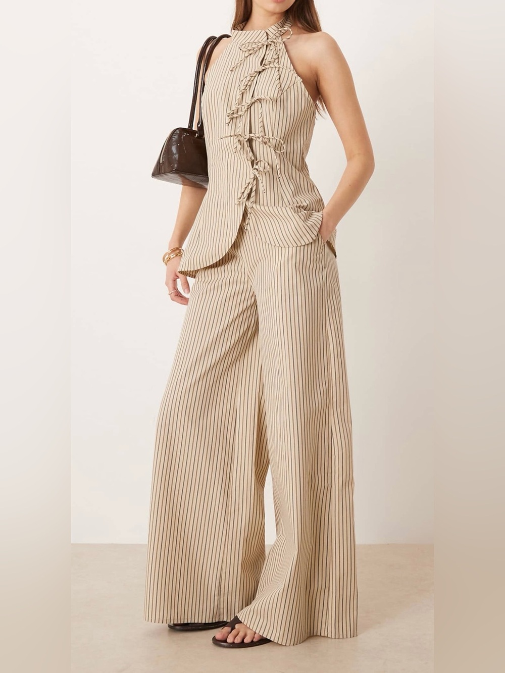 Striped Set with Halter Neck Top and Stretch Band Pants